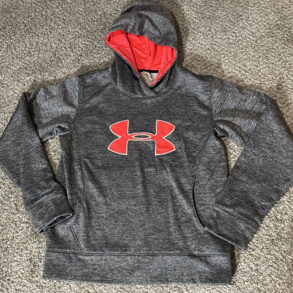 Under Armour ColdGear Hoodie Womens M Gray Coral Big Logo Semi Fitted Pullover